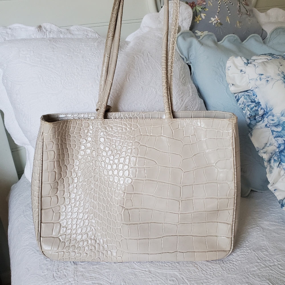 Furla Light Taupe/ Ecru Leather Croc Embossed Sholder Bag /Tote Bag with Dustbag - Picture 11 of 15